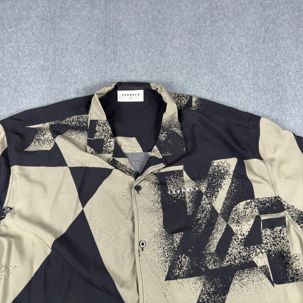 YoungLA Camp Collar Shirt Short Sleeve Button Mens L Black Tan Viscose YLA